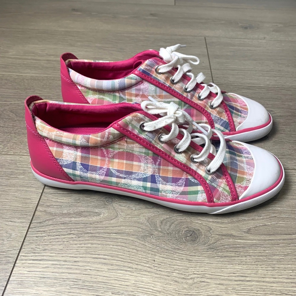 Coach Barrett Plaid Canvas Sneakers Womens 11B Pink Monogram Lace Up Shoes